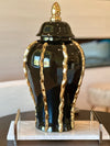 Shiny Black Ginger Jar with Artistic Golden Stripes